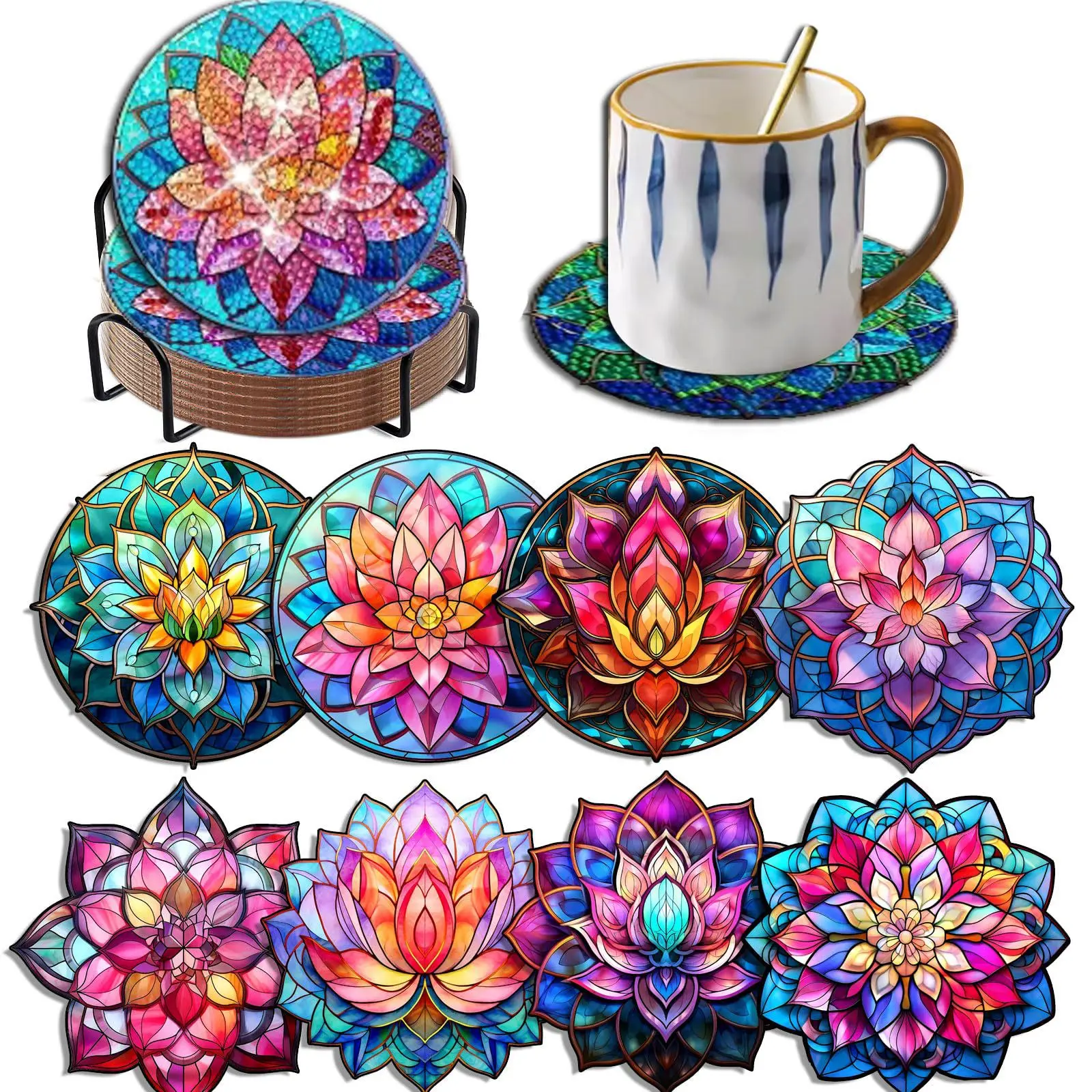 CHENISTORY 8pcs Diamond Art Coasters With Holder Mandala Pattern Drink Cup Cushion For Crafts Flower Diamond Painting Kits