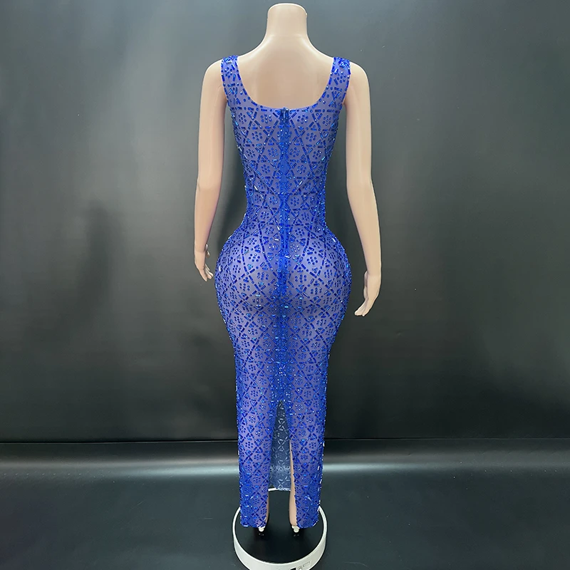 مثير المرحلة الأزرق الراين الأحمر فستان شبكي شفاف عيد ميلاد احتفال مساء زي الرقص أداء التقطت الصور