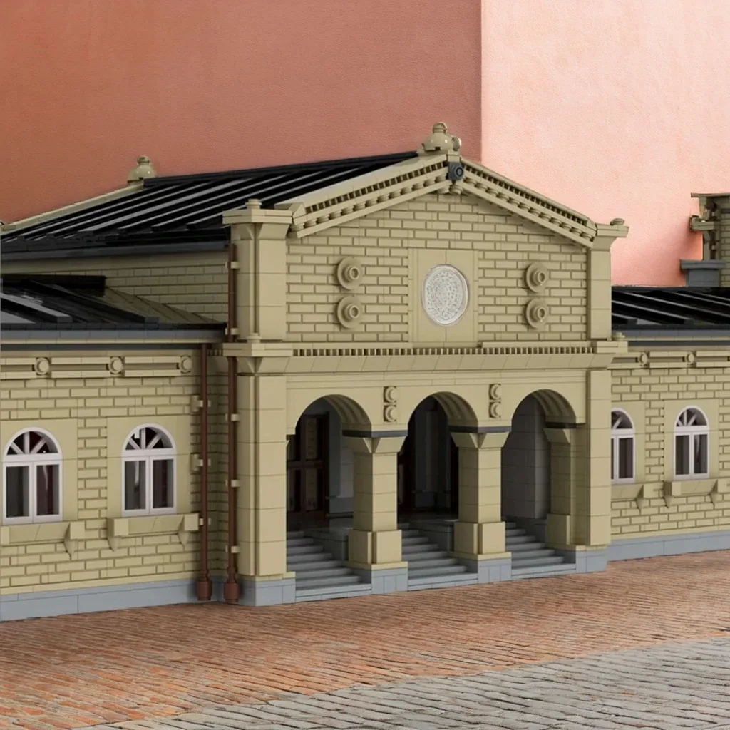 

13924PCS MOC Main Train Station "Interlockingen" DIY Building Blocks - Vintage Travel Center with Canopy & Ticket Office
