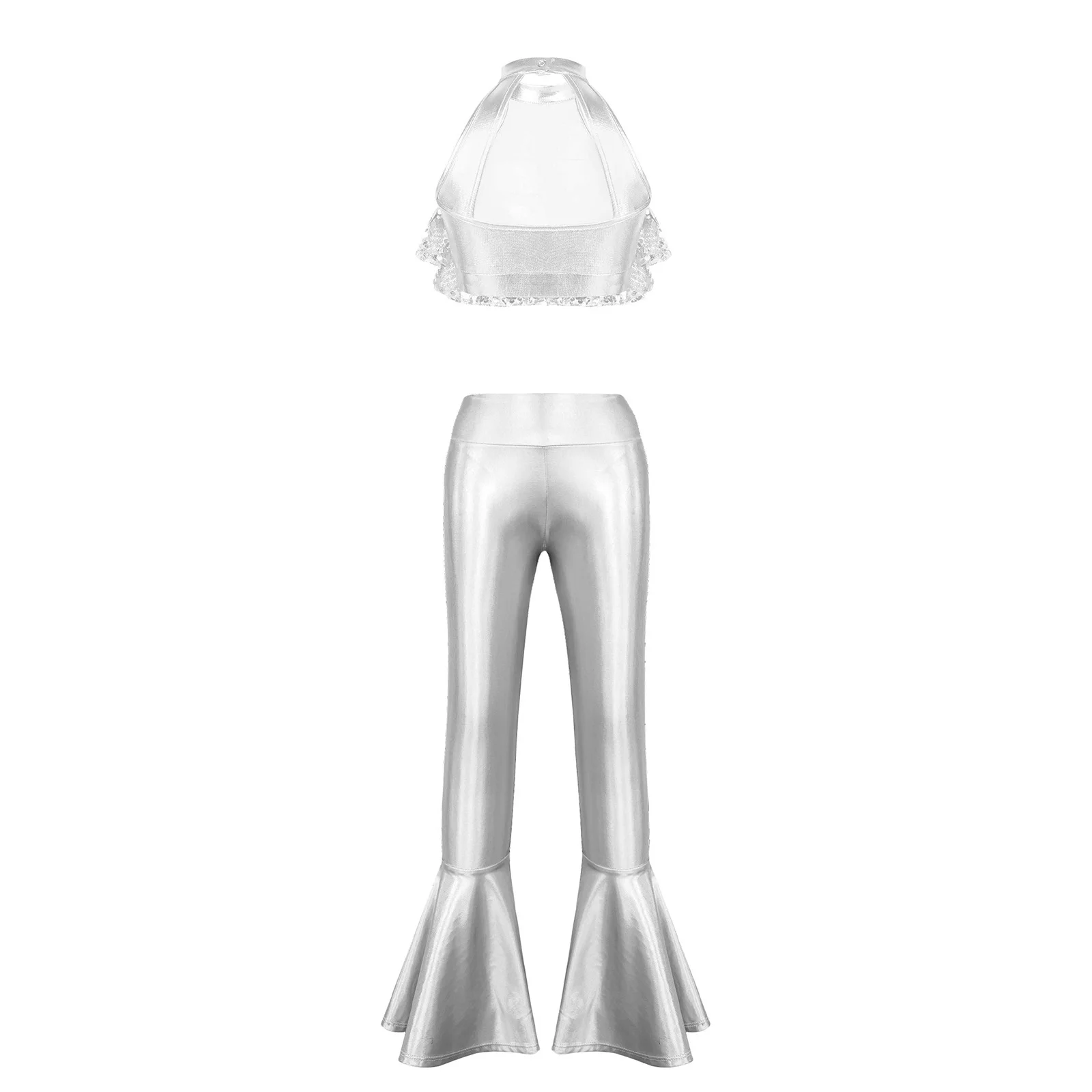 

Детский костюм для джазовых и современных танцев для девочек, одежда для латиноамериканских танцев ча-ча, блестящий топ без рукавов с пайетками и металлическими брюками