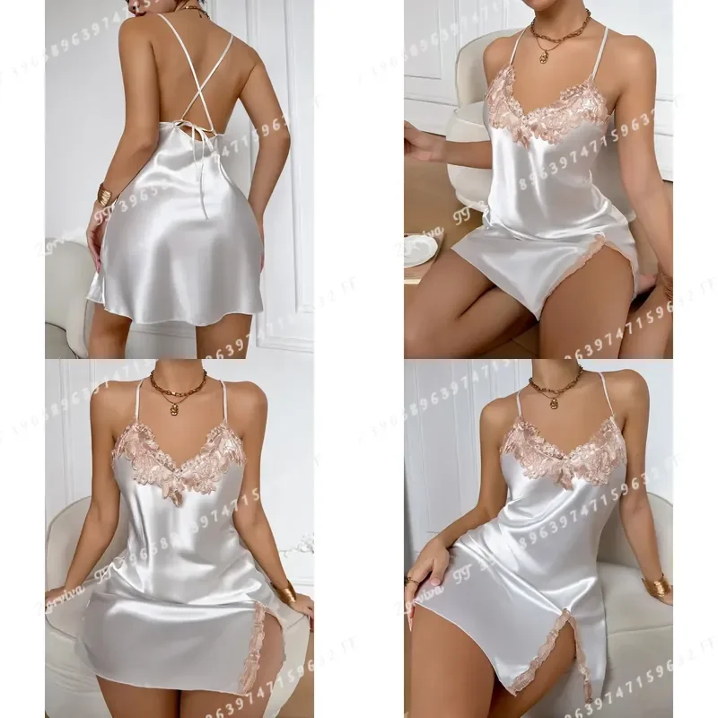 Women Lace Nightgown V Neck Side Slit Solid Night Dress Elegant Romantic Ladies Sleepwear Thin Loungewear