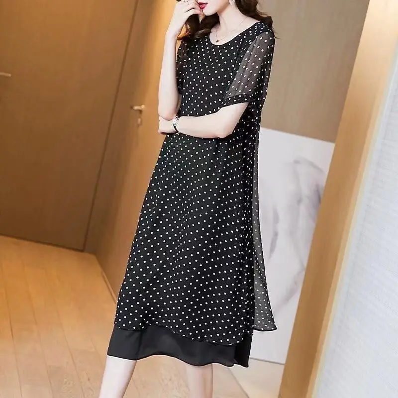 

Vintage Chiffon Ladies Dresses Summer New Short Sleeve Polka Dot Printing Loose Asymmetrical Dress Fashion Casual Women Clothing