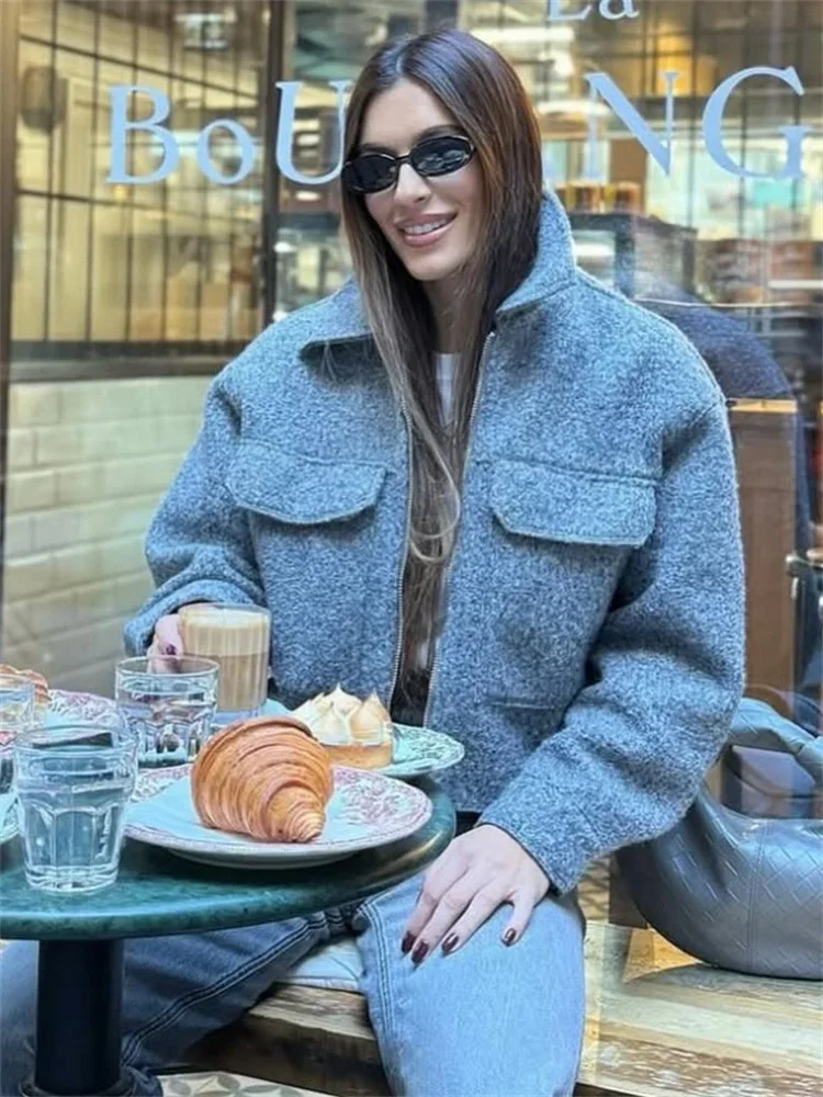 Knit Fashion Warm Jackets Coat Women's Zipper Pocket Solid Lapel Loose Commute Stitch Sweatshirt Female Autumn Jackets New