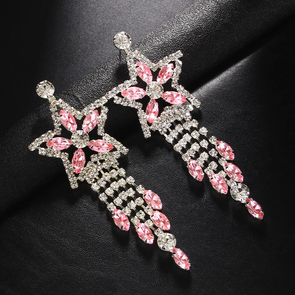 

Elegant star-shaped tassel earrings for women fashionable pink crystal drop accessories