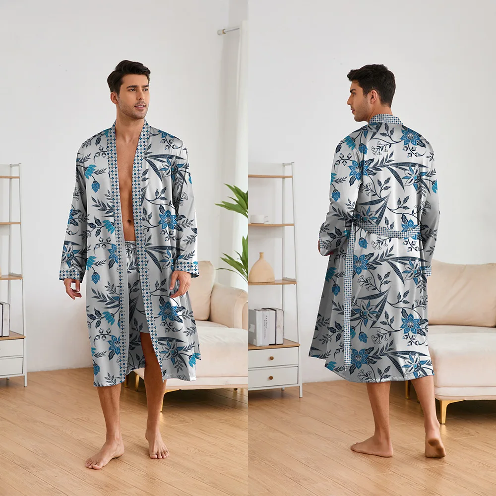 Primavera verão masculino pijama 2 pçs robe shorts conjunto impressão cetim quimono roupão de banho solto casa roupas loungewear