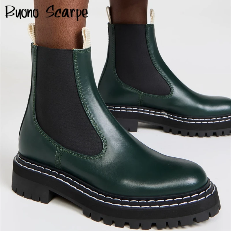 

Women Real Leather Chelsea Boots Chunky Platform Ankle Boots Alip On Round Toe Short Boots Lady Sewing Combat Botas Mujer New