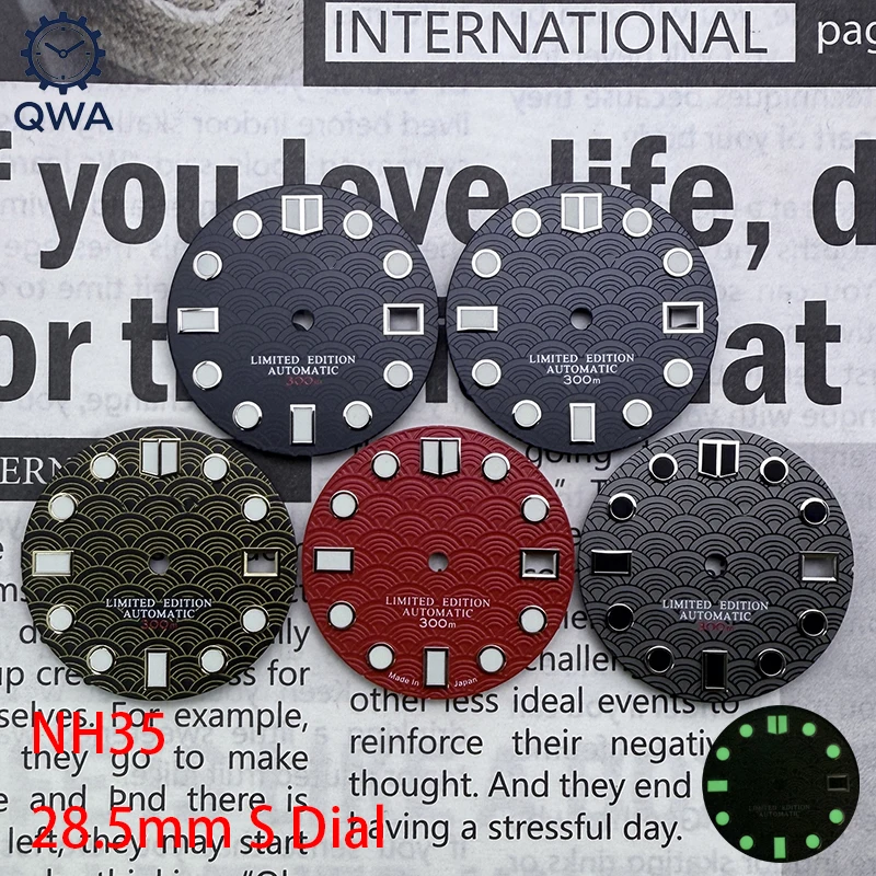QWA 28.5 مللي متر NH35 موجة البحر مقياس السمك نمط ساعة S الطلب الأخضر مضيئة صالح NH35/NH36/4R/7S ساعة أوتوماتيكية اكسسوارات