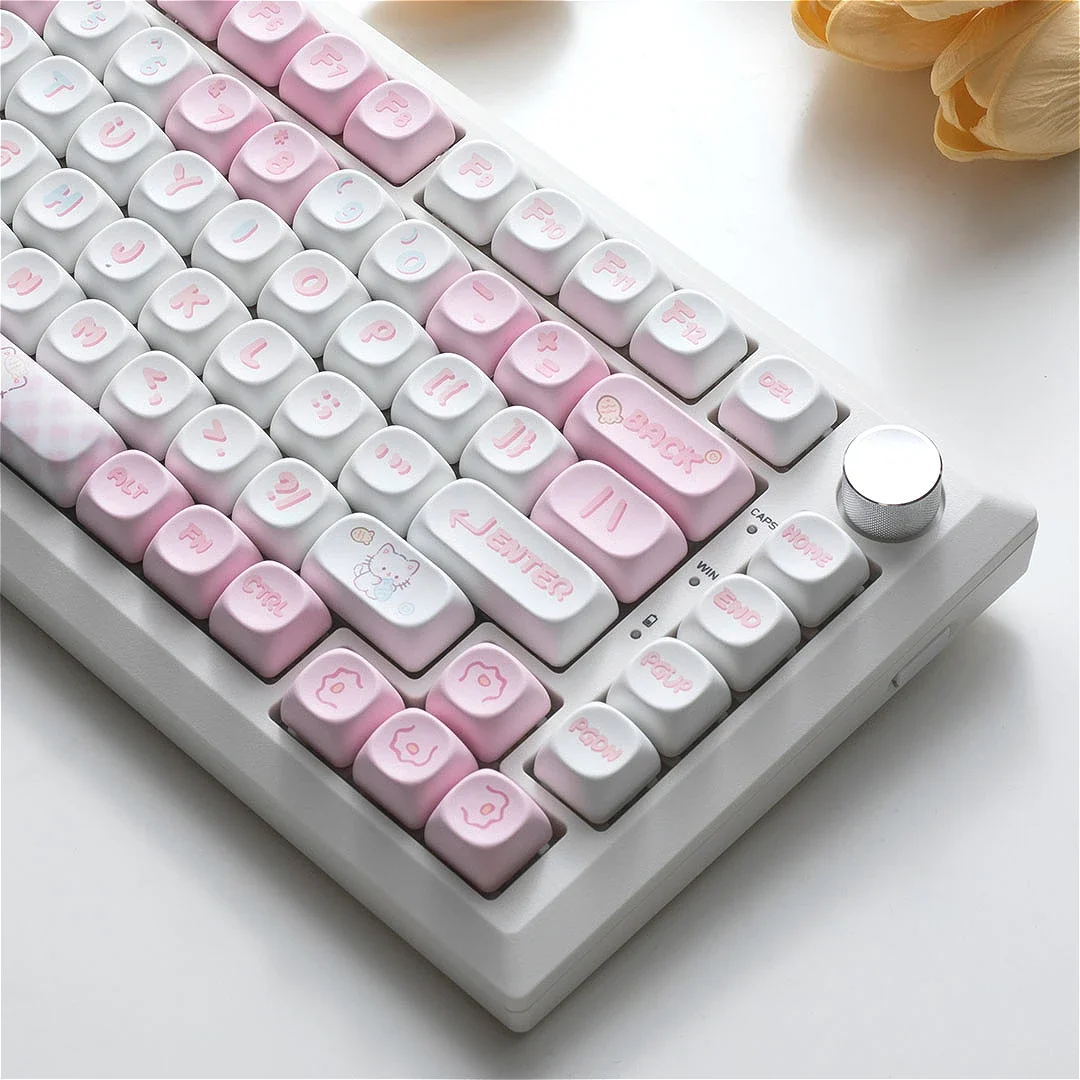 MOA Height Kitten Eating Fish Keycaps Pink Cute Cat MAC Supplement Fits Most Mechanical Keyboards