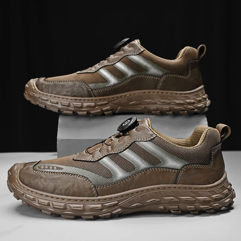 Outdoor Hiking Men Shoes Soft Soled Rotating Buttons Summer Breathable Non Slip Shock-absorbing Mesh Sports  Leisure Shoes