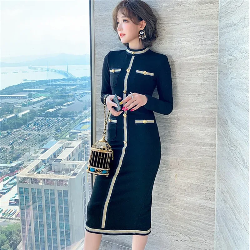 High Quality Autumn Winter New 2024 Women Long Sleeve Zip Bright Silk Screw Thread Spliced Button Thick Black Bodycon Dress