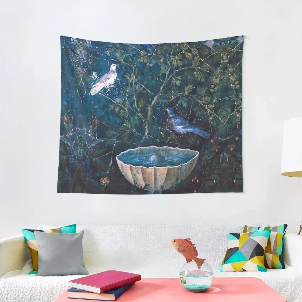 

POMPEII COLLECTION / DOVES AND FOUNTAININ GARDEN ,BLUEGREEN FLORAL Tapestry Wall Carpet Wall Art Decor For Bedroom Tapestry