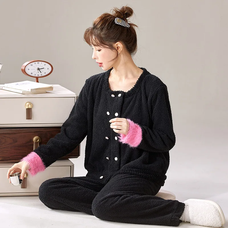 Pigiama da ragazza a mezza pile foderato in pile ispessito girocollo manica cardigan homewear primavera autunno inverno indumenti da notte da donna