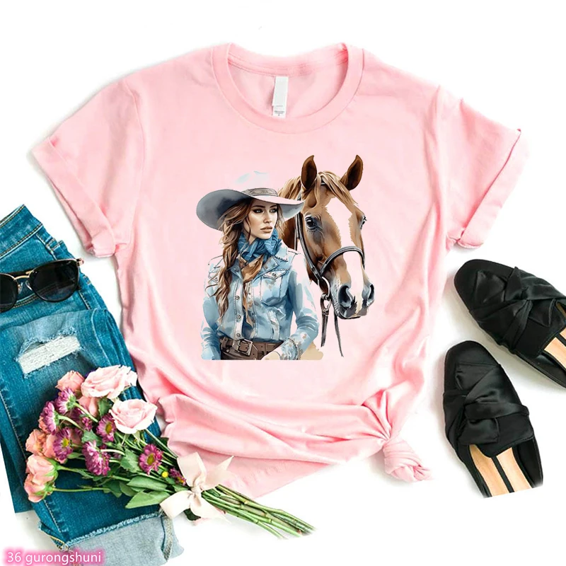 Tee Shirt Femme Fashion Girl Ride A Horse Theme Print Women'S T-Shirt Summer Harajuku Shirt White Short Sleeve Top Wholesale