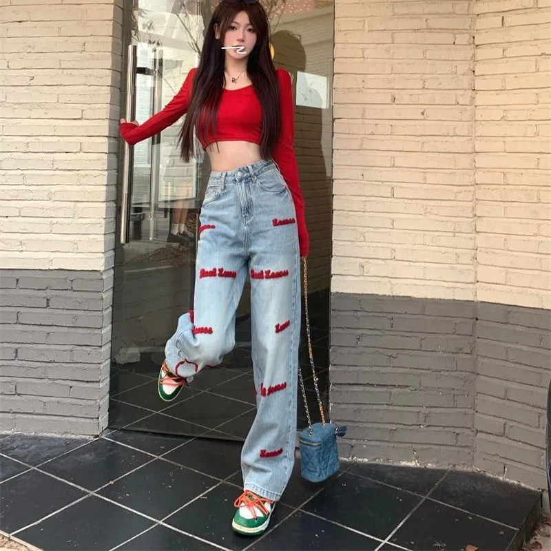 In spring autumn of 2023 plus size letter embroidery high waist All Match fashion casual straight wide leg high street jeans