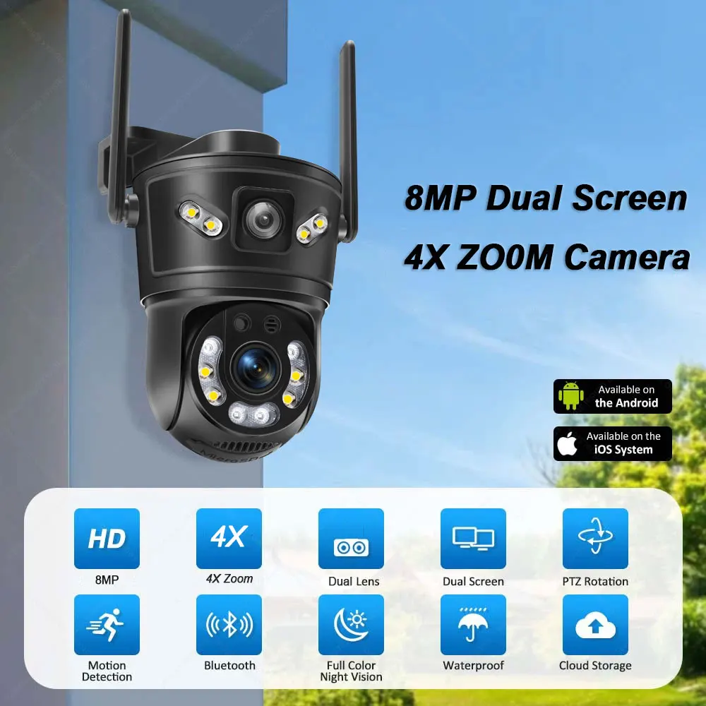 4K 8MP WiFi IP Camera Dual Lens Dual Screen 4X Zoom PTZ Security Camera Auto Tracking Smart Wireless CCTV Video Surveillance