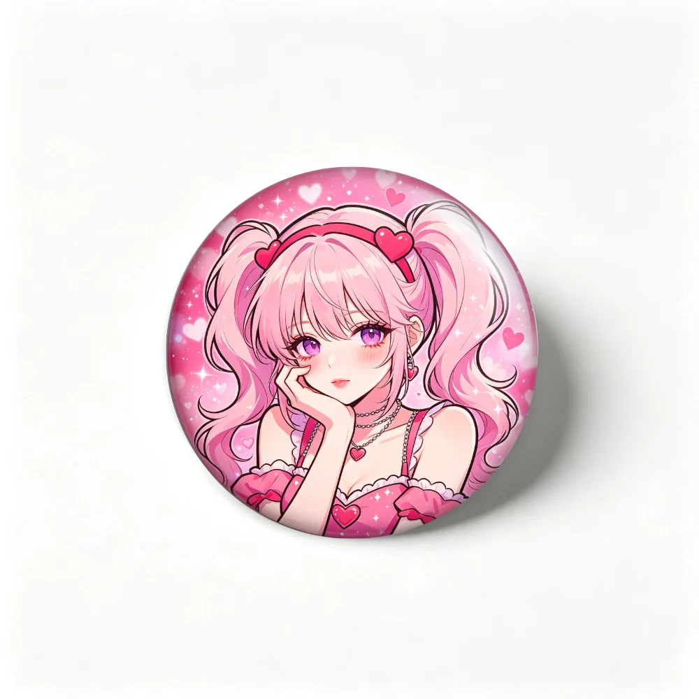 Anime Tinplate Badge Round Brooch Pin, Pink Twin Tail Girl with Heart Headband Lapel Pin, Pink Heart Sparkle Background Decor
