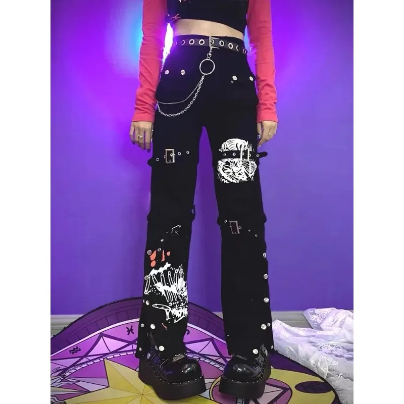 

Deeptown Y2k Black Gothic Harajuku Women Cargo Pants Cartoon Print Straight Japanese Fashion Trousers Gyaru Punk Streetwear