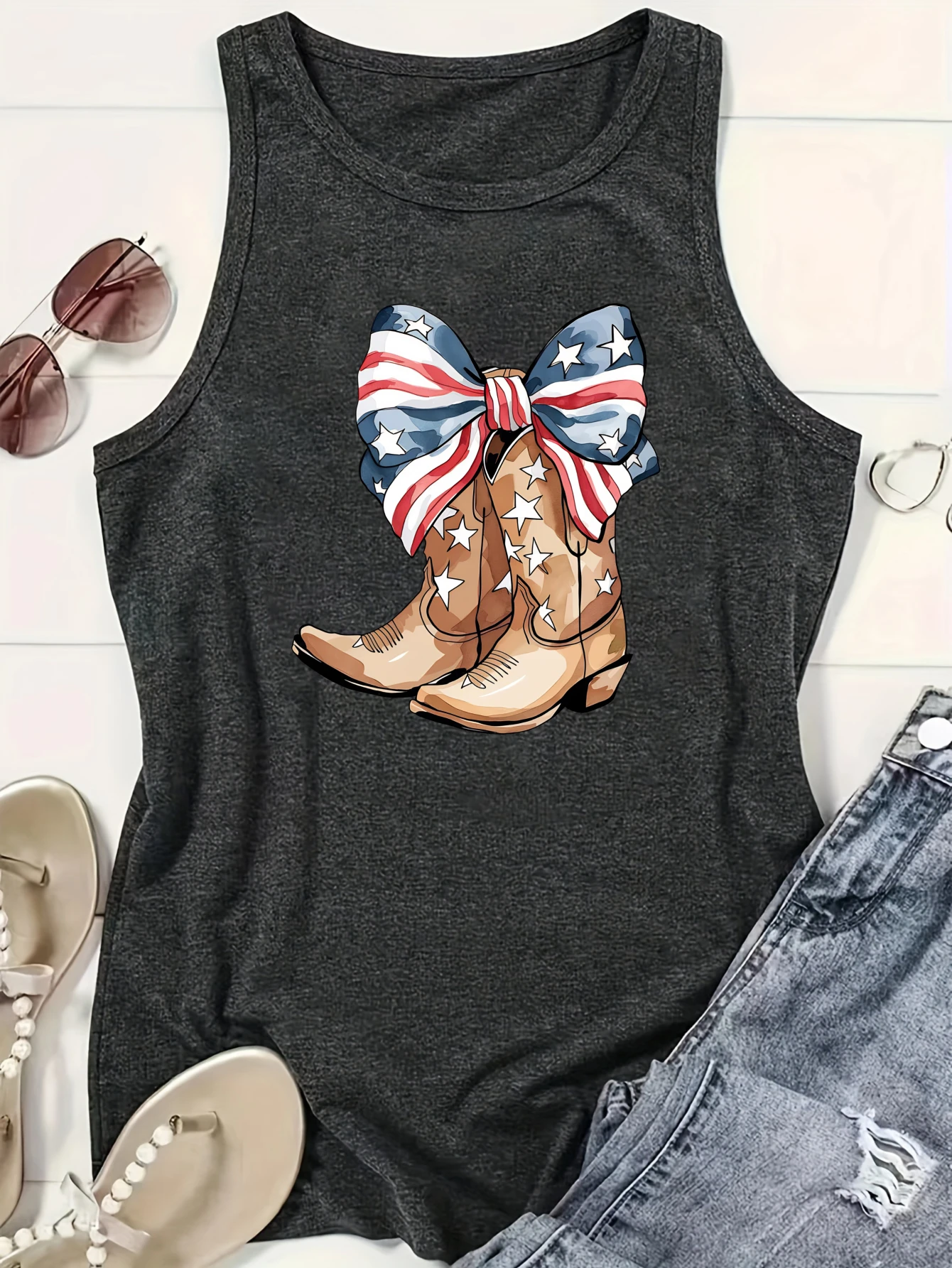 Women's Plus Size Vest for Independence Day American Flag Bow Cowboy Boots Suitable for sports and daily wear summer casual