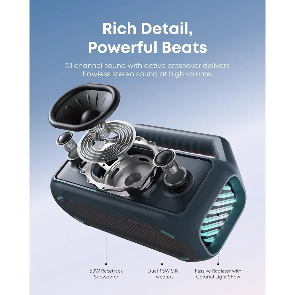 Soundcore Boom 2 قابل للتخصيص بواسطة Anker، مكبر صوت خارجي، 80 وات، مضخم صوت، BassUp 2.0، وقت تشغيل 24 ساعة، IPX7 مقاوم للماء، قابل للطفو، R