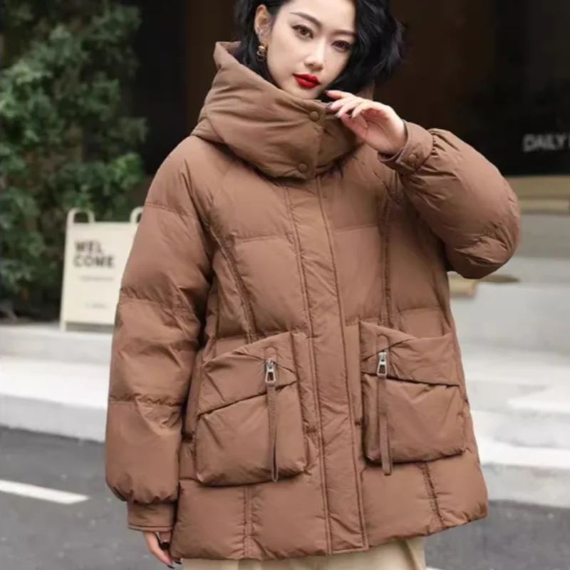 Women's Mid-Length Down Jacket, Loose Winter Coat, Female Jackets, Casual Fashion, Commuting, Korean, 2024