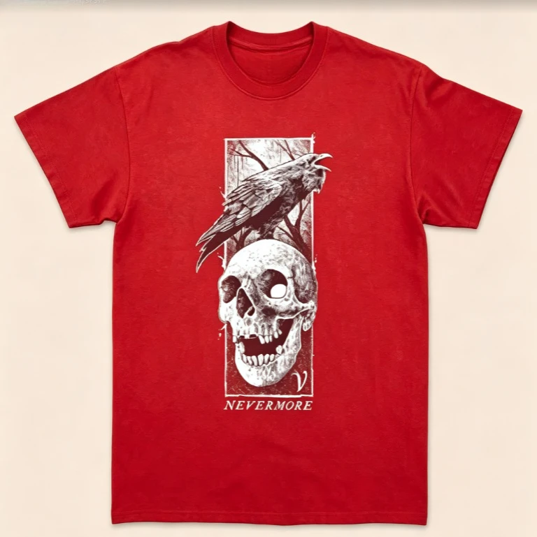 2026 Round-neck modern crows and skull retro dark art pattern theme - Men's and women's casual short-sleeved T-shirt