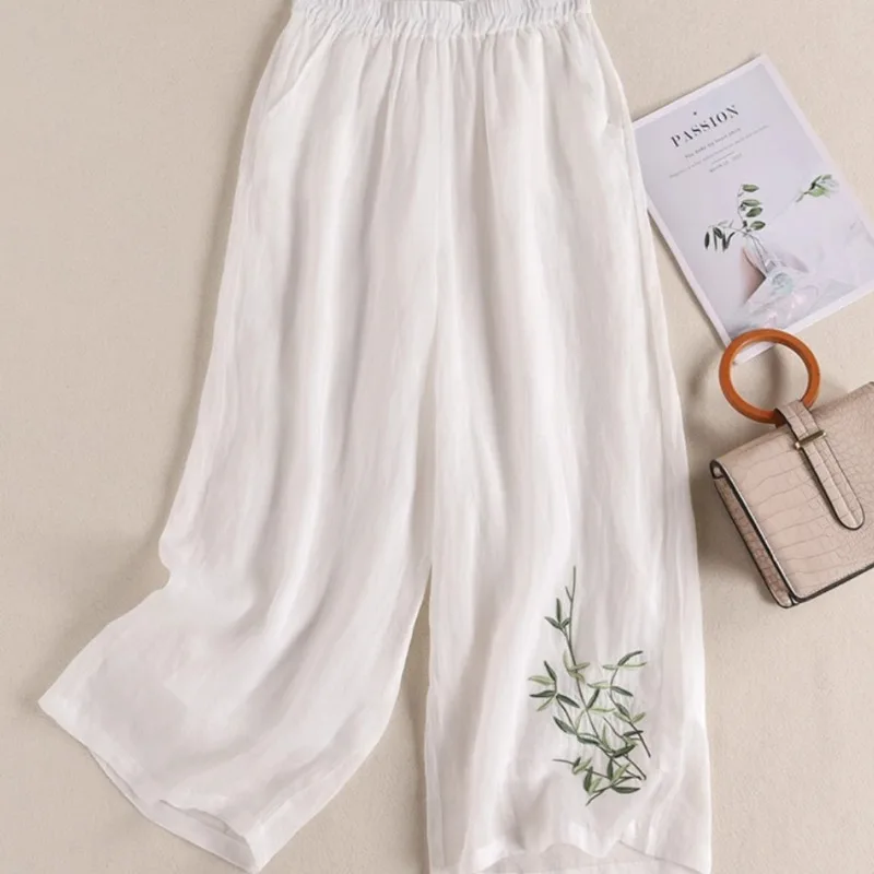 

Vintage Folk Summer New Cotton Hemp Women's Elastic Waist Solid Embroid Temperament High Waist Loose Straight Wide Leg Trousers