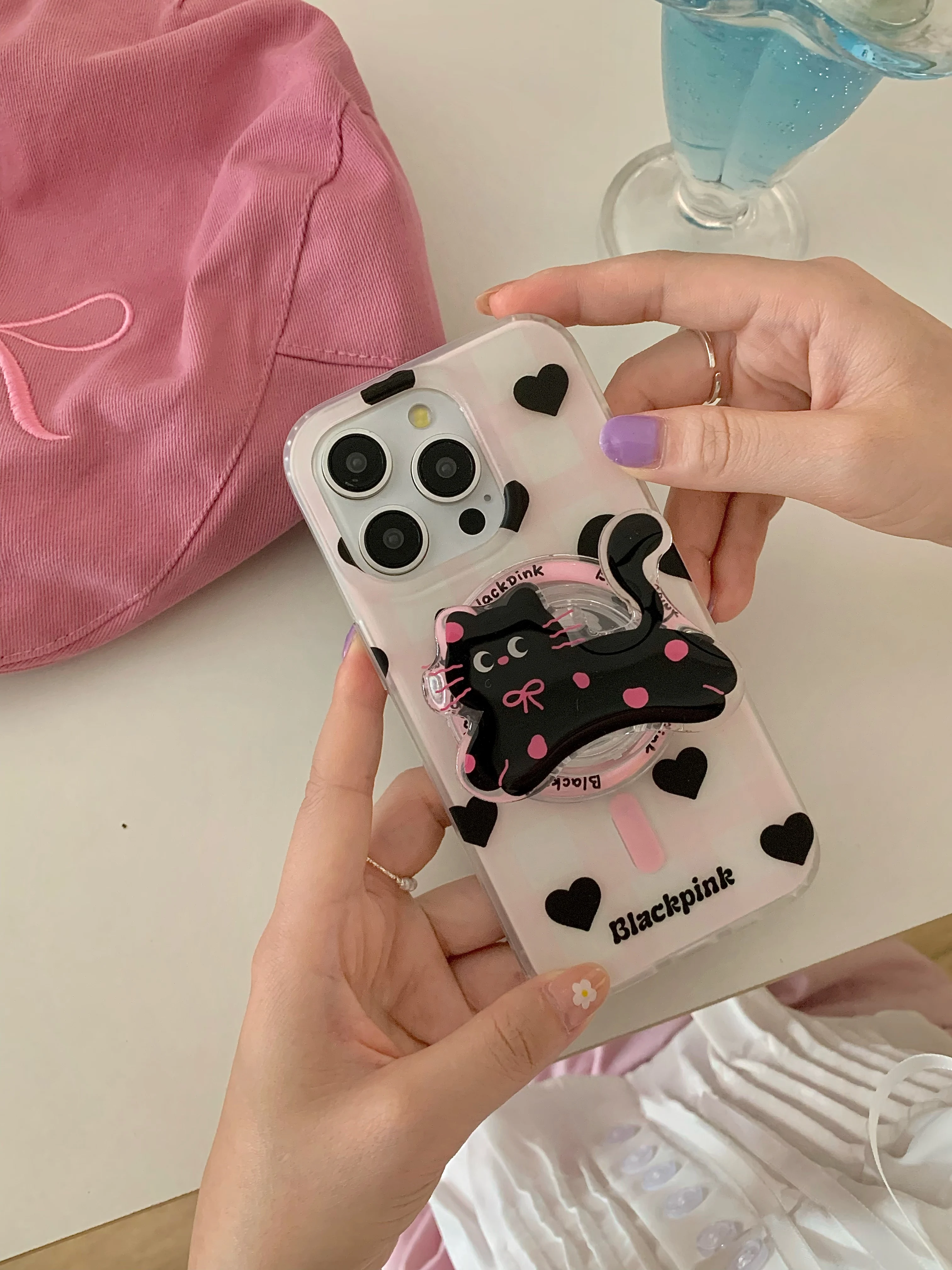 

INS Pink Cute Cats Phone Case for Iphone 11 12 13 14 15 Pro Max Cartoon Double-faced Magnet Stand Full Coverage Phone Cover