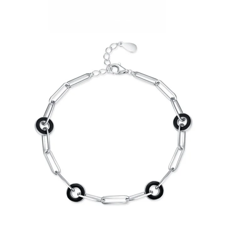 

S925 Silver Female European American Minor Fashion Geometric Chain Stitching Bracelet Black Glue Dropping Gift Cross-Border