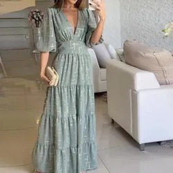 Summer Dresses Women V-neck Print Spring Maxi Party Prom Maxi Dress Night High Waist Casual Streetwear Sexy Elegant Vestidos