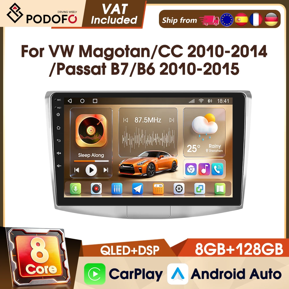 Podofo Android 10.1'' 2Din Autoradio für Volkswagen Magotan/CC 2010-2014 PASSAT B7/B6 2010-2015 Carplay Android Auto WIFI GPS 4G GPS DSP BT Autoradio