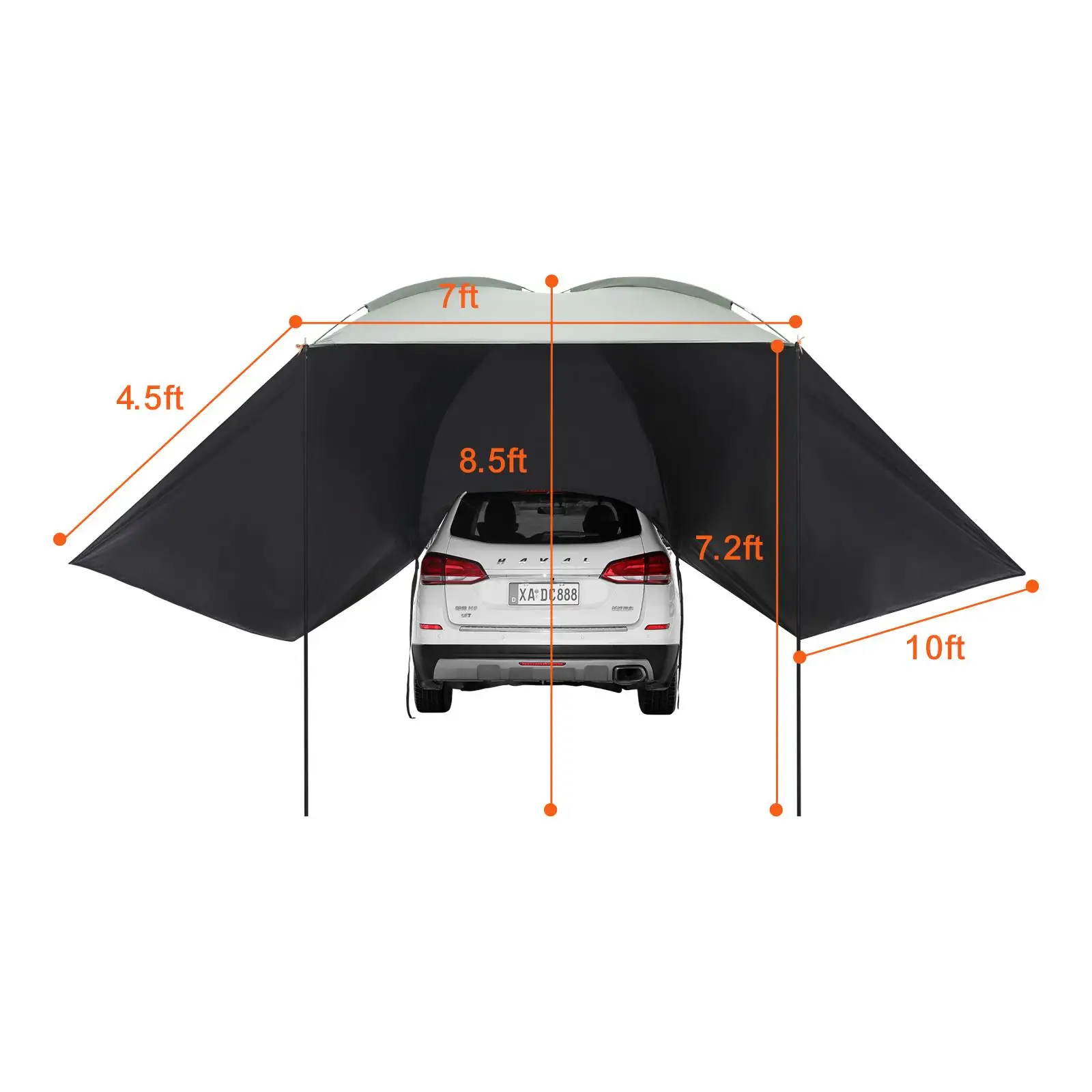 Vehicle Awning, Large 10' x 7' Shade Coverage Car Side Awning, PU2000mm UV50+ Car Awning with Extended Side Canopies and Portable Storage Bag, Suitable for truck , SUV, Van, Campers