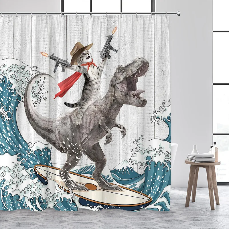 Funny Cat Riding Dinosaur Shower Curtain Cute Animal Surfboard Sea Waves Japanese Landscape Kids Bath Curtains Bathroom Decor