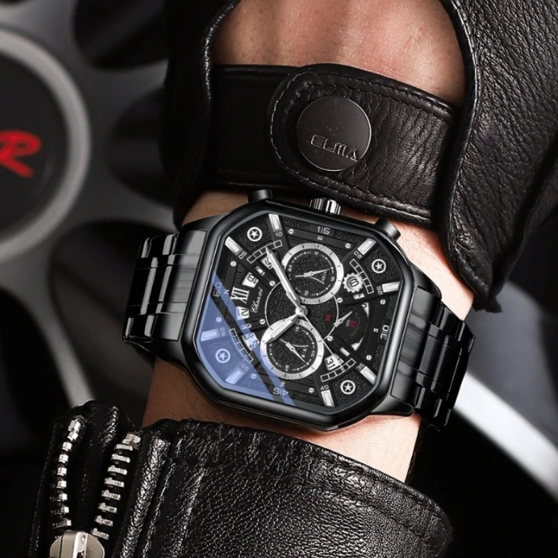 ساعة كوارتز رجالية ذهبية فاخرة بمينا هيكل عظمي مع تقويم كرونوغراف مضيء ساعة يد ذهبية متعددة الوظائف للرجال