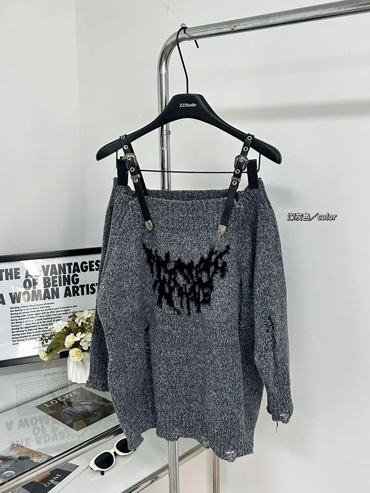 Fashion Simple High Street Knitted Sweater Tide Slash Neck Off Shoulder Pullovers Print Autumn Winter Streetwear Y2k Clubwear