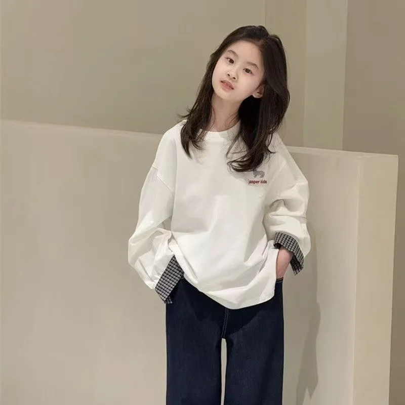 

Girls' Spring / Summer Hoodies Teenagers' Korean Loose and Versatile Long Sleeved T-shirts Round Neck Cartoon Base Shirts