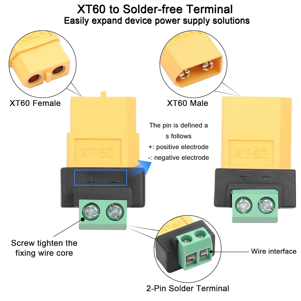 1/2/5/10PCS XT60 Connectors Screw Terminal Adapter XT60 Male/Female To 2PIN Solderless Power Plugs for Solar Panels Drone
