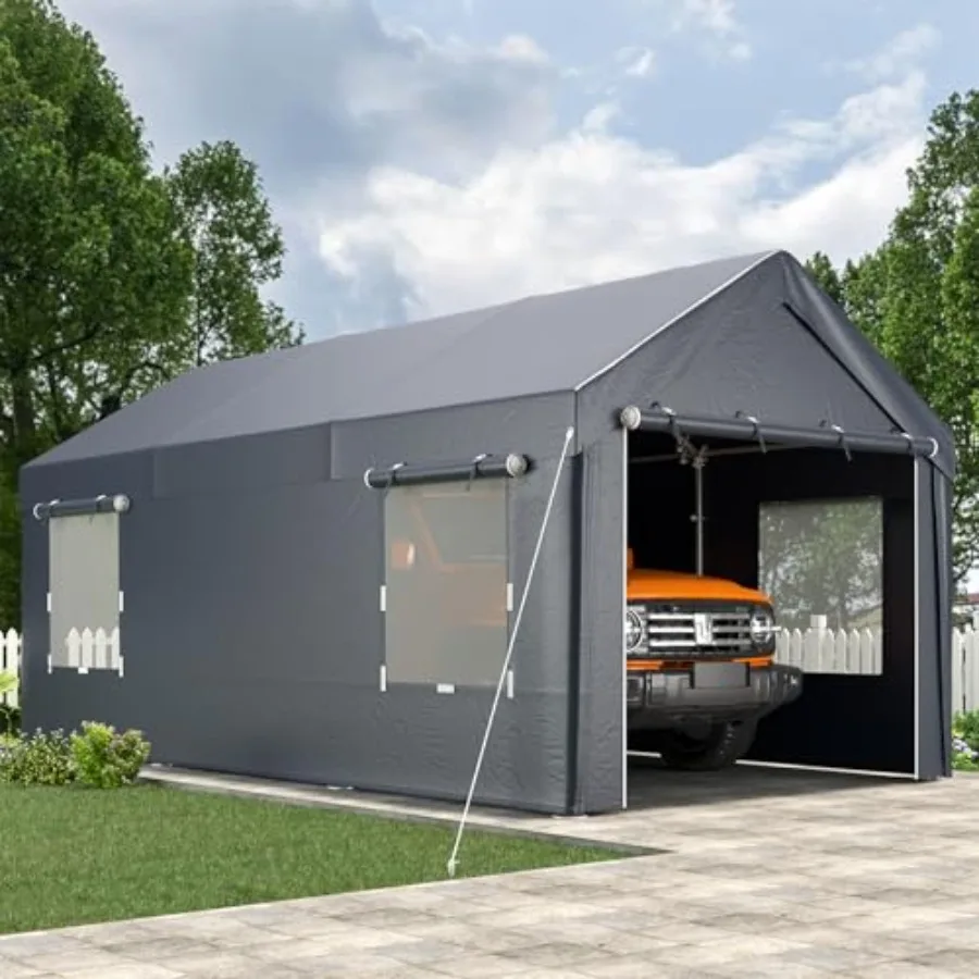 Carport, 10x20 Ft Heavy Duty Carport with Roll-up Windows Portable Garage with Removable Sidewalls, Car Canopy with All-Season
