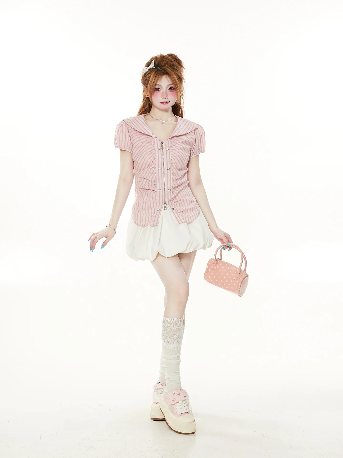 

Розовая женская летняя приталенная блузка с воротником-стойкой и завышенной талией, красивая, для повседневной носки, в корейском стиле, из хлопка