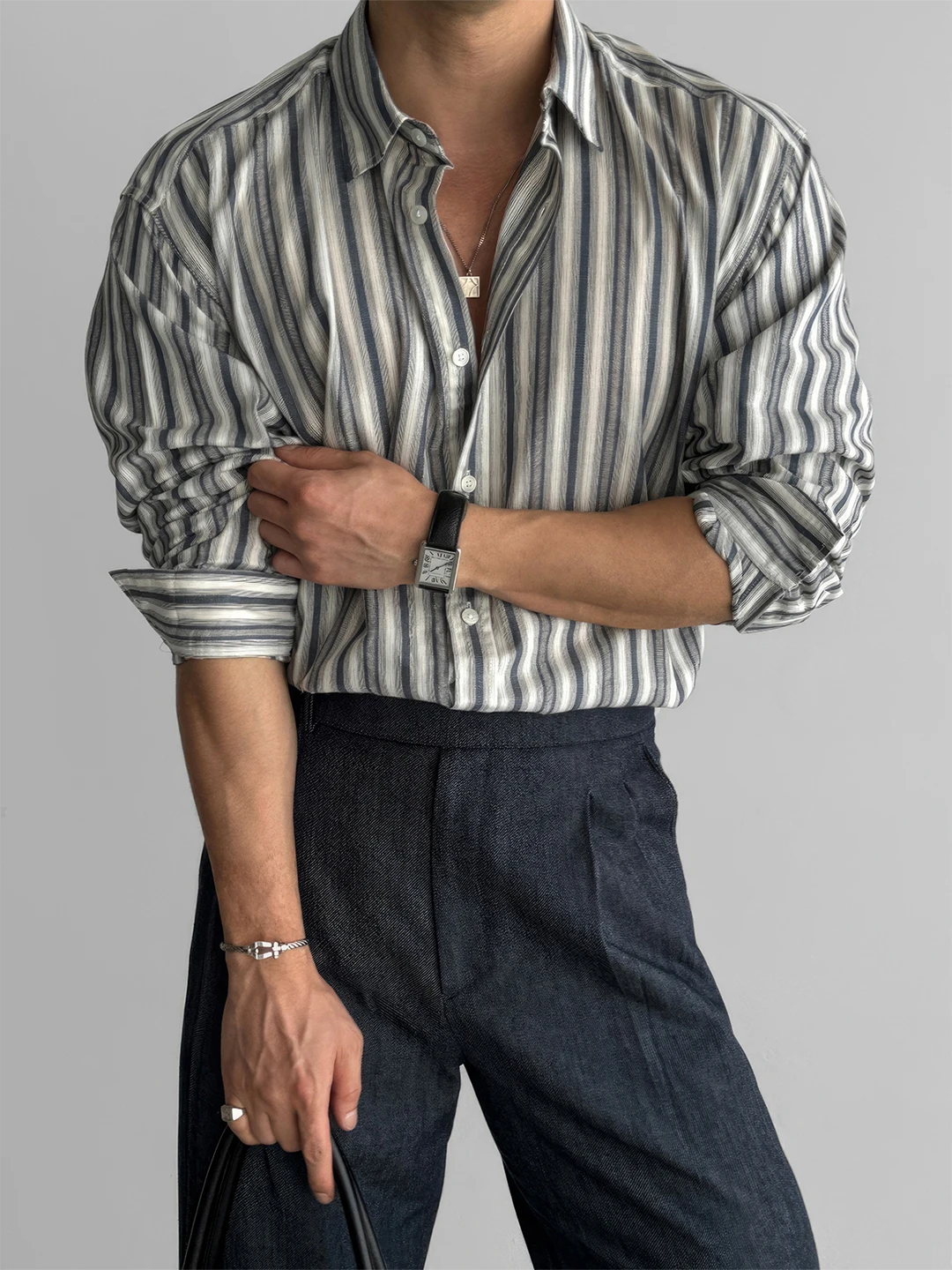 

Men's Striped Long Sve Collared irt Commute Busin Sle Spring Autumn New Arrival Korean Loose Fit Polyester Fiber