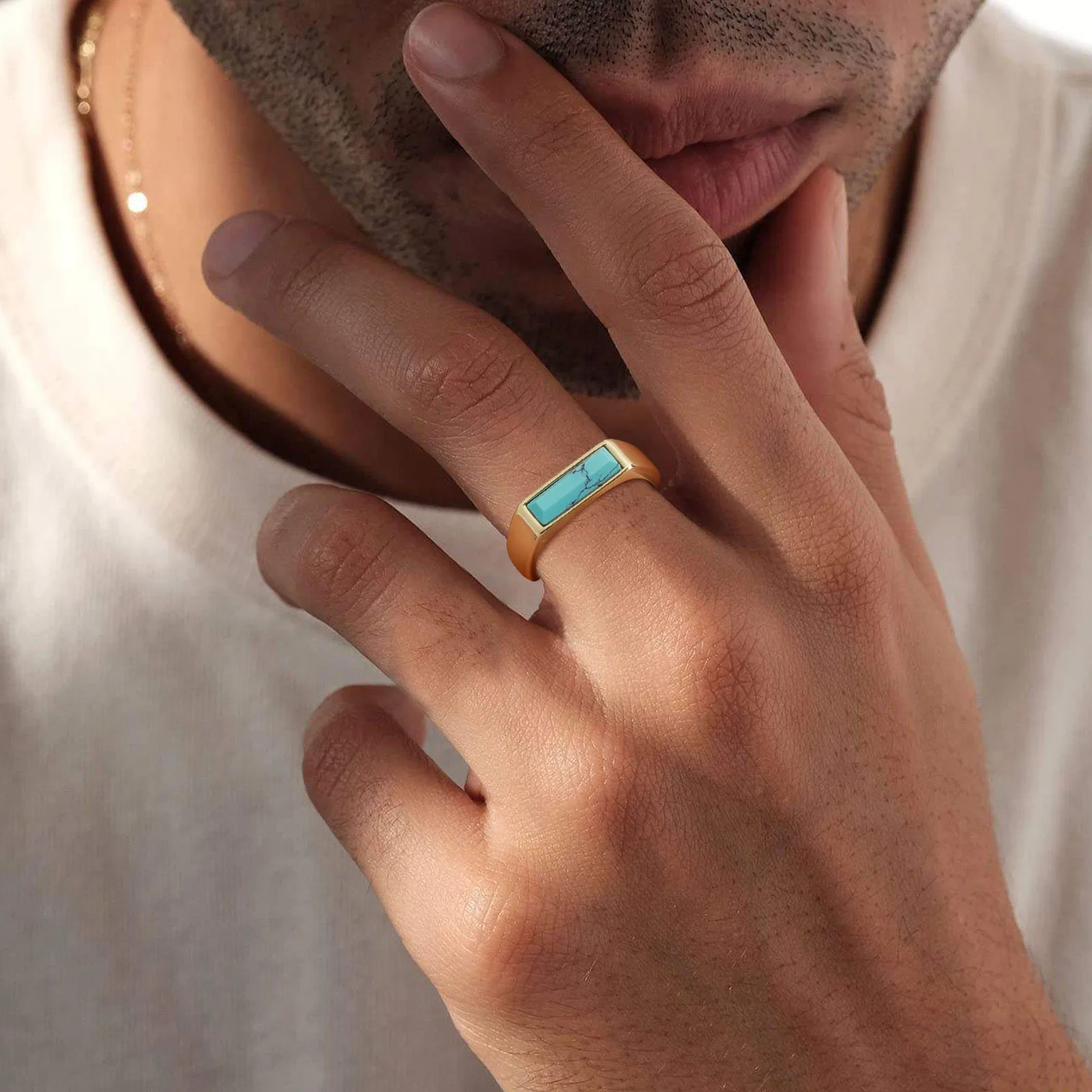 Natural Stone Signet Stainless Steel Ring For Men Women, Unisex Gold Plated Jewelry Dad Boyfriend Valentine\'s Day Gift