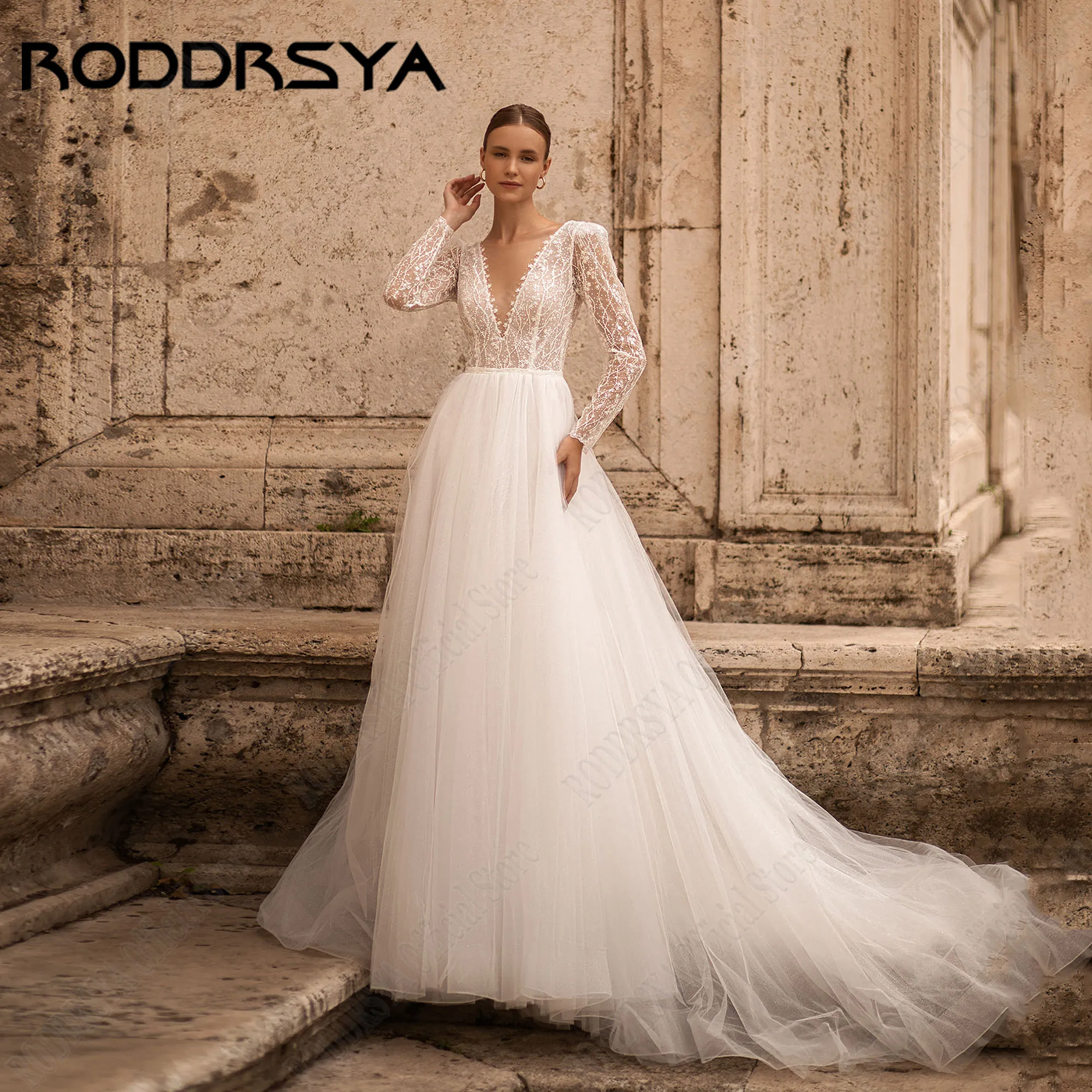 RODDRSYA-vestido de novia de manga larga con Espalda descubierta, traje de boda de lujo con cuello redondo y apliques, personalizado, 2025Roddrsya vestido de novia de manga larga sin espalda 2025 nupcial lujoso vestido