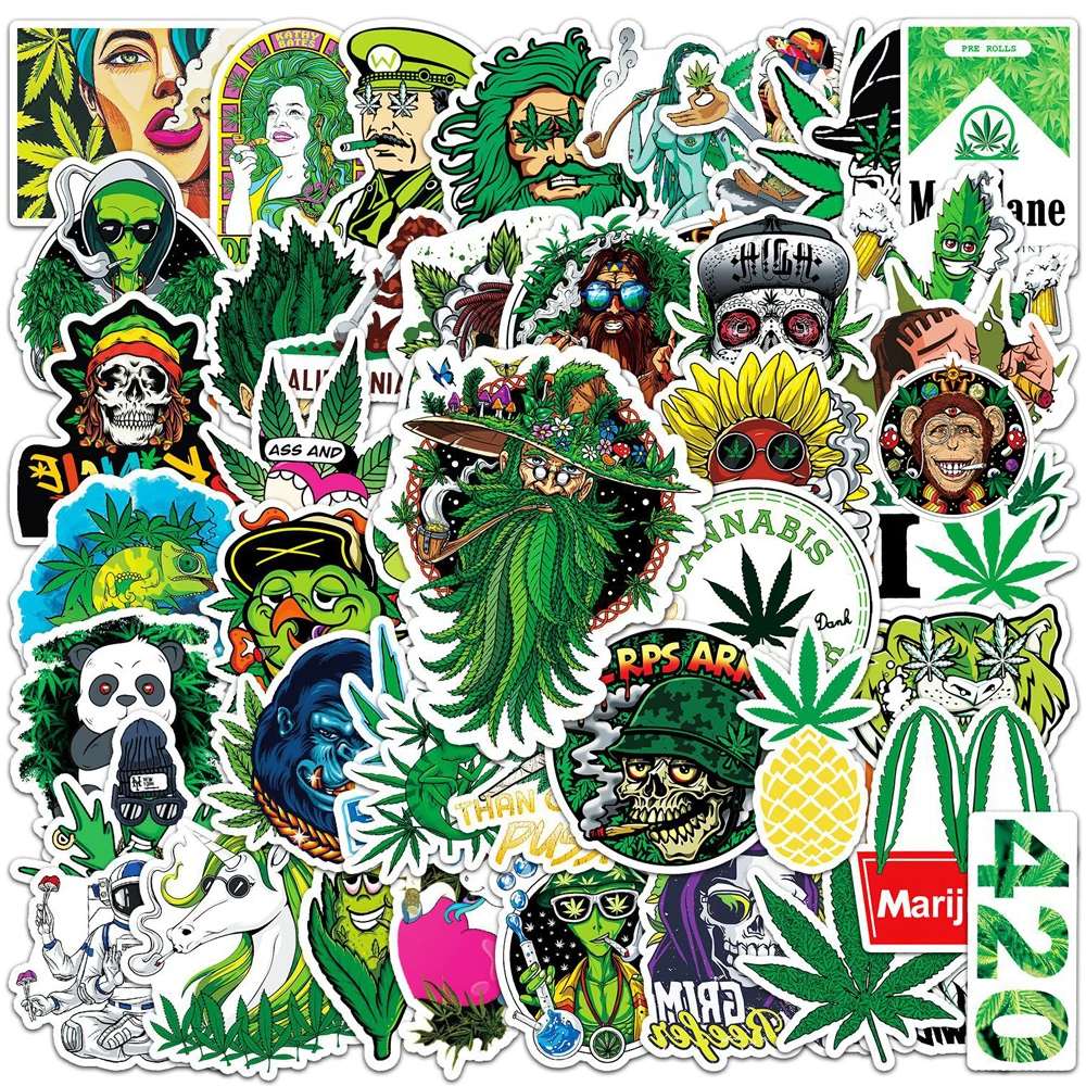 10/30/50pcs Cool Smoking Weed Leaves Cartoon Stickers Funny Characters Graffiti Decals Phone Laptop Suitcase Sticker Decorations