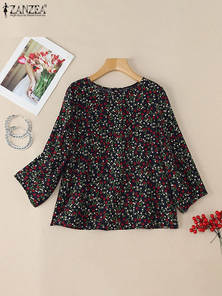 

ZANZEA Повседневные Blusas Mujer с цветочным принтом, элегантные женские праздничные блузки 202, летние блузки с рукавами-фонариками 3/4, свободные туники с круглым вырезом, топы