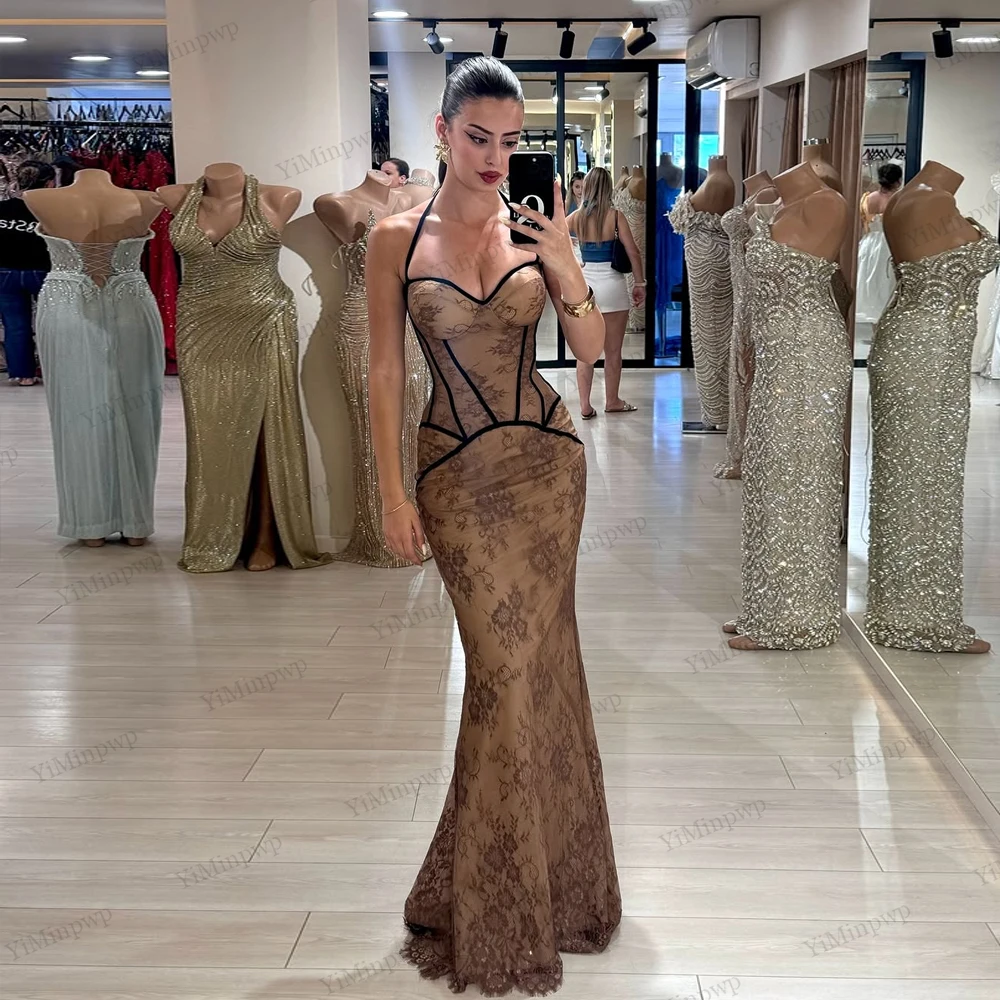 

Lace Sexy Evening Dress Elegant Sweetheart Mermaid Maxi Prom Dress Applique Halter Neck Sleeveless Prom Party Dress Customized