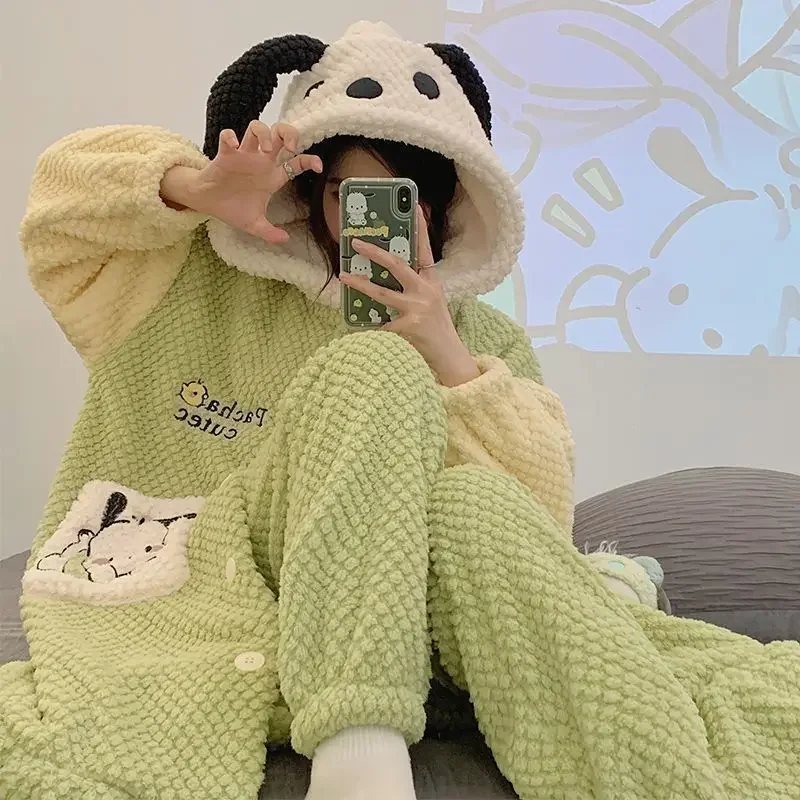 Kawaii Coral Velvet Hooded Pajamas Pajamas Girls\' Thickened Long Tops Pajamas Flannel Student Casual Home Wear Suits Nightgown