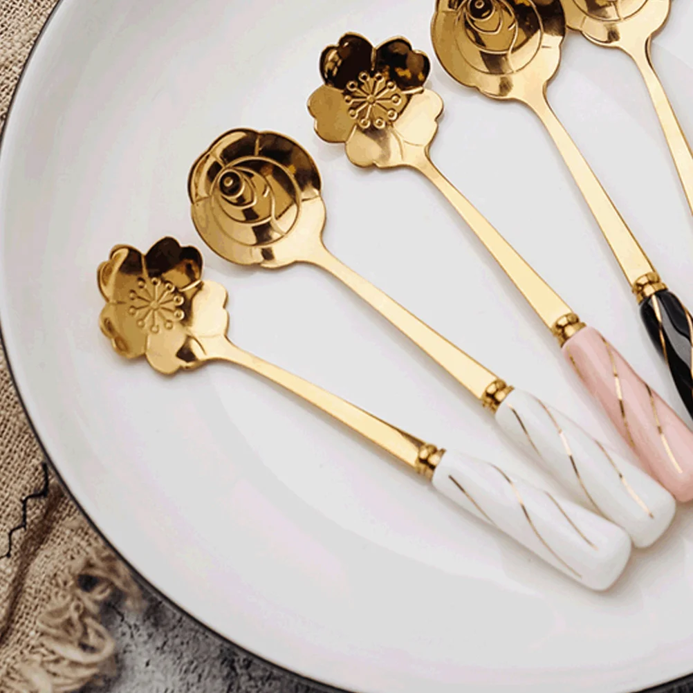 

4 Pcs Ceramic Handle Spoon Utensil Convenient Flower Ice Cream White Coffee Dessert Spoons Dad