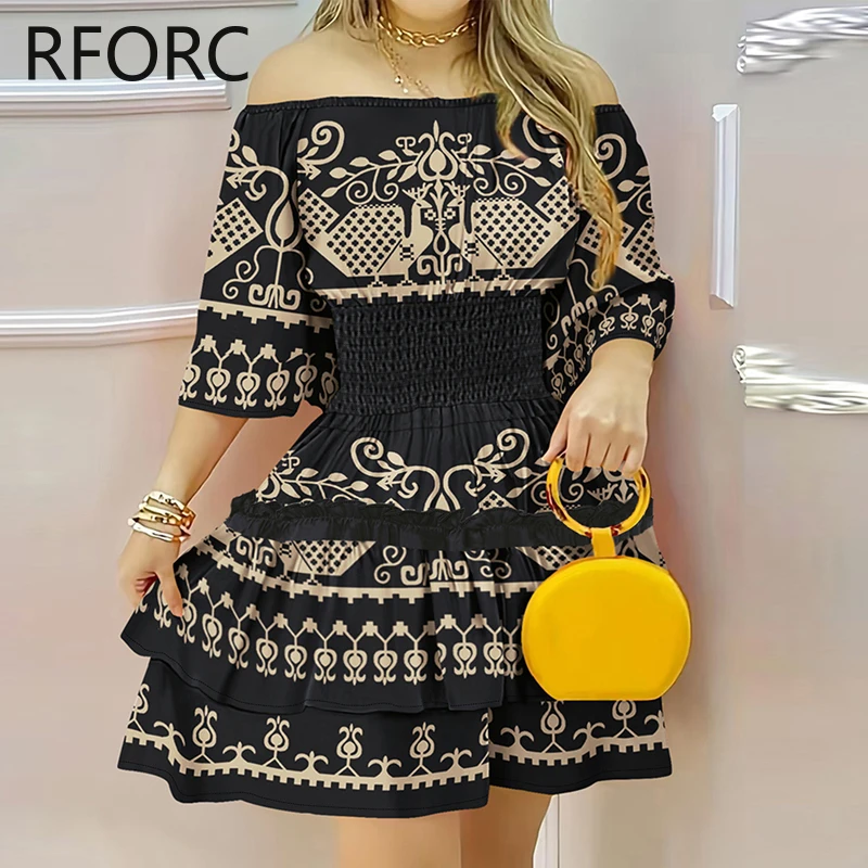 

2024 Women Allover Print with Vintage Pattern Slash Collar Half Long Sleeves Cascading Ruffles Hem Mini Dress