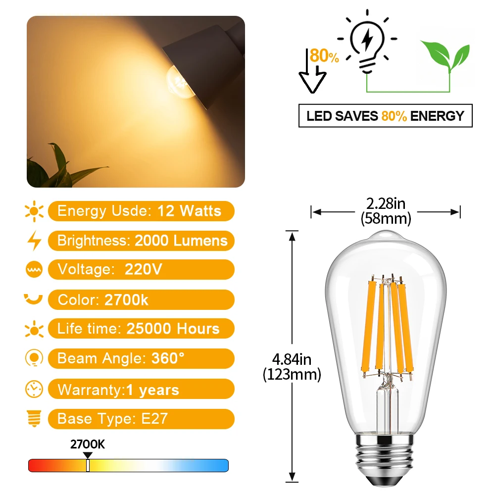 Vintage ST58 LED Edison Bulb 12W Equivalent 120W E27 220V Antique Edison Bulbs 2700K Warm White 1200lm 2000lm Clear Glass Lamp