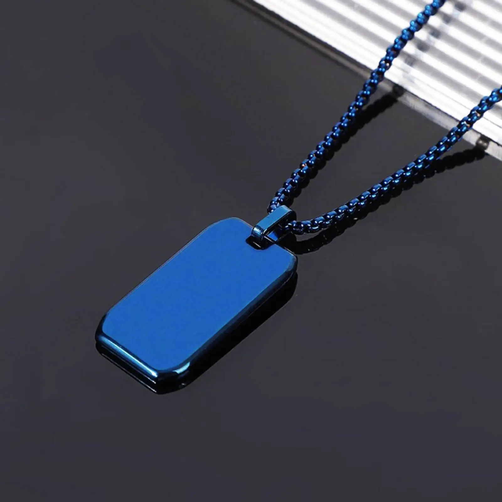 Stainless Steel Blue Dog Tag Pendant Necklace for Unisex Titanium Jewelry Mirror Finish Edge Design Casual Work Street Style