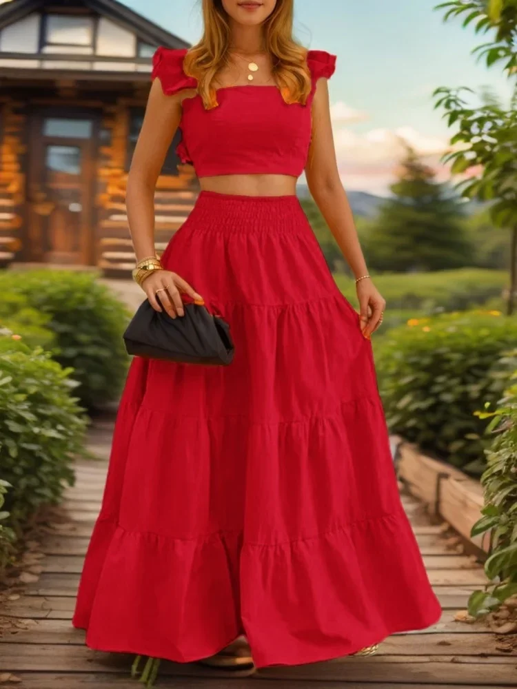 

Summer Temperament Sexy Solid Color Mid-waist Sling Big Swing Two-piece Suit Dress Splicing No Collar Dress